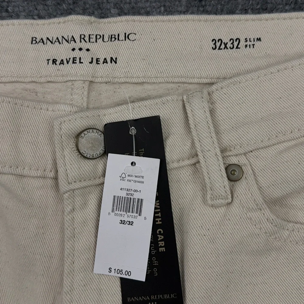 NEW Banana Republic Travel Jean Men 32x32 Ecru Slim Fit Tapered Stretch Speckled
